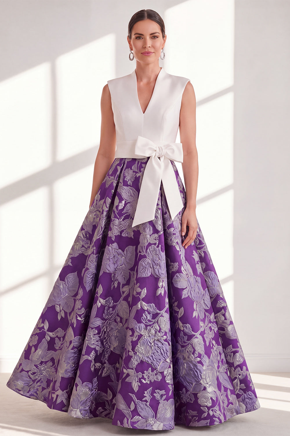 Blue Floral V-Neck Long A Line Mother of the Bride Dress with Bow