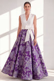 Blue Floral V-Neck Long A Line Mother of the Bride Dress with Bow