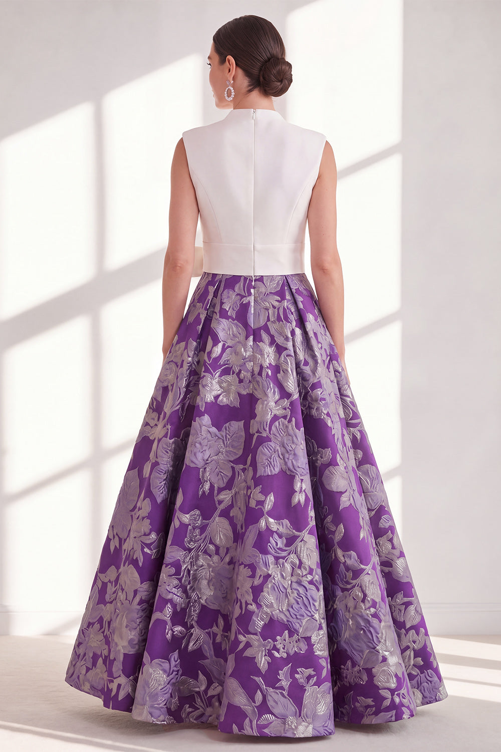 Blue Floral V-Neck Long A Line Mother of the Bride Dress with Bow