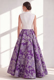 Blue Floral V-Neck Long A Line Mother of the Bride Dress with Bow