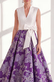 Blue Floral V-Neck Long A Line Mother of the Bride Dress with Bow