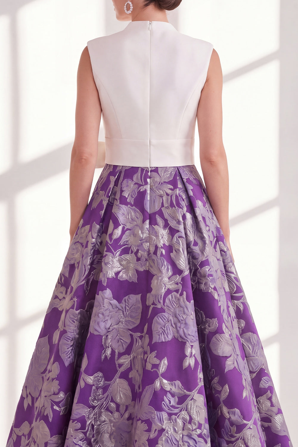Blue Floral V-Neck Long A Line Mother of the Bride Dress with Bow