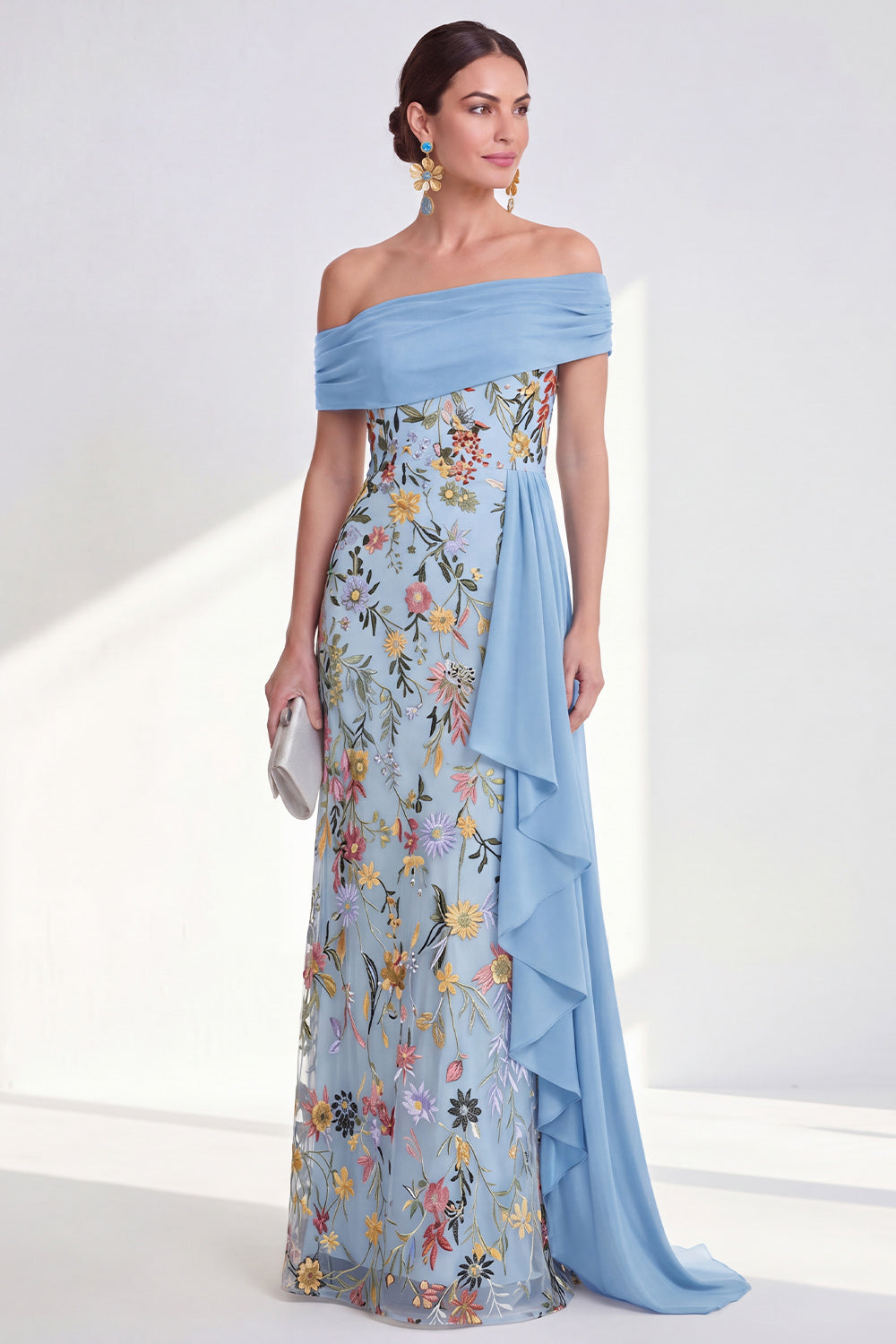 Mermaid Ruffled Green Floral Long Mother of the Bride Dress with Side Cape