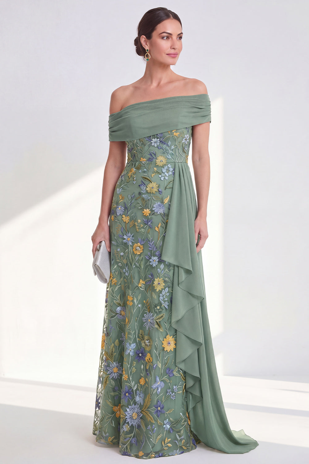 Mermaid Ruffled Green Floral Long Mother of the Bride Dress with Side Cape