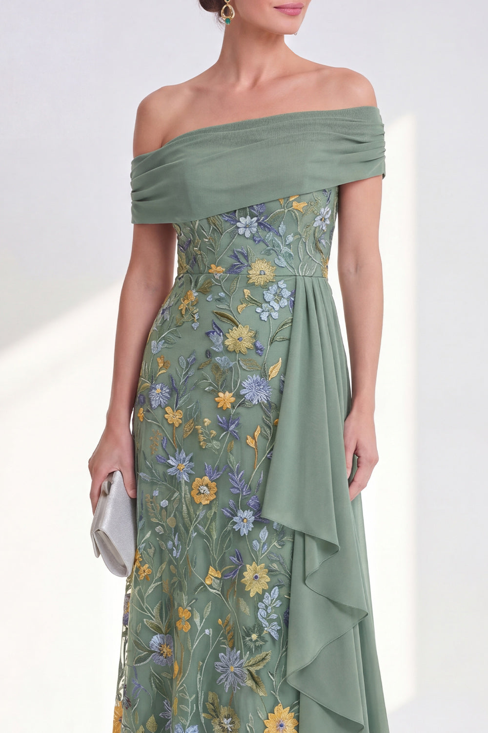 Mermaid Ruffled Green Floral Long Mother of the Bride Dress with Side Cape