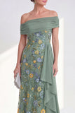 Mermaid Ruffled Green Floral Long Mother of the Bride Dress with Side Cape