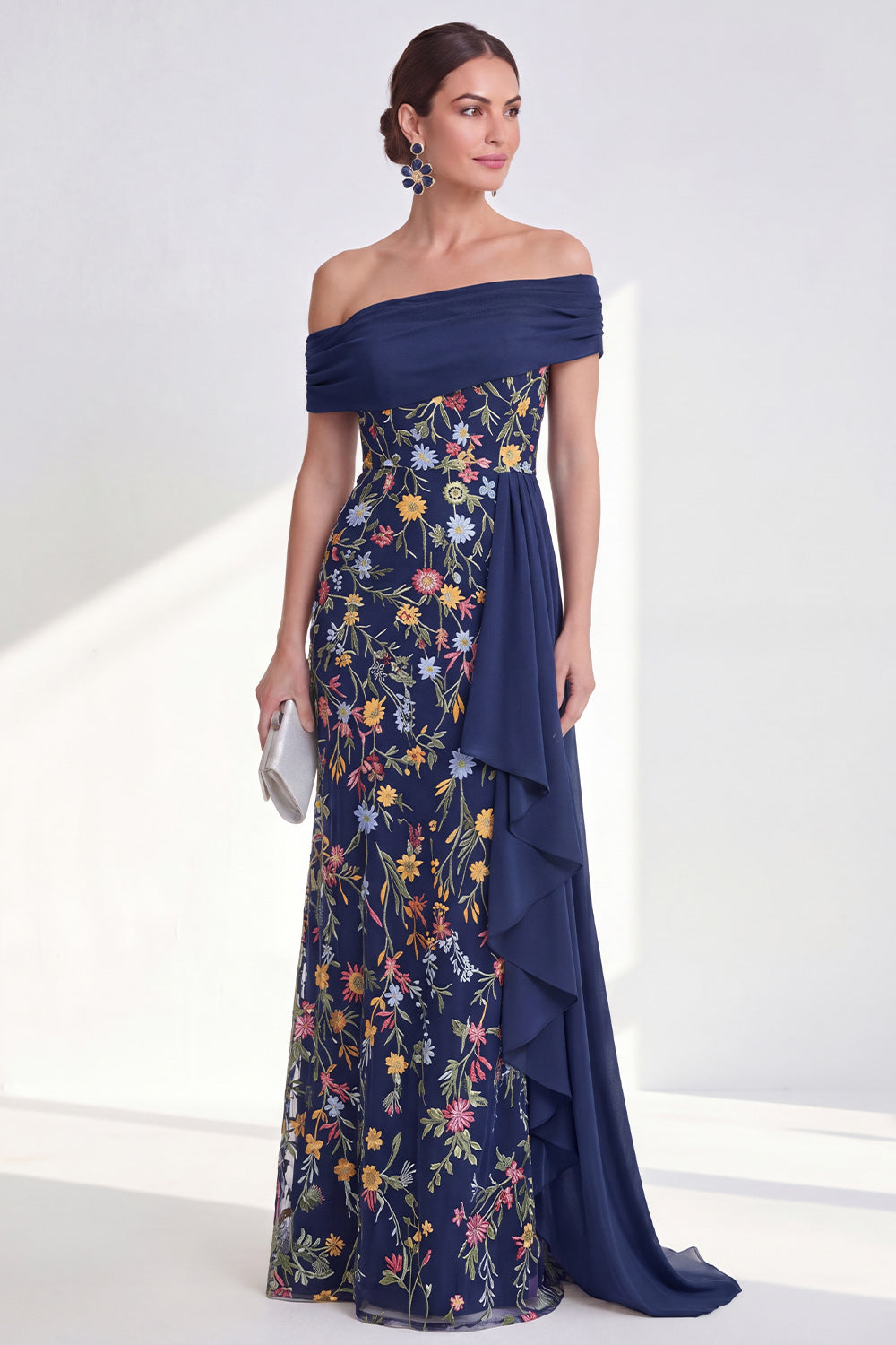 Mermaid Ruffled Green Floral Long Mother of the Bride Dress with Side Cape