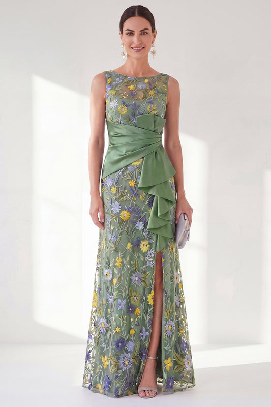 Green Long Floral Mother of the Bride Dress with Slit Ruched Boat Neck Mermaid Wedding Guest Dress with Ruffles