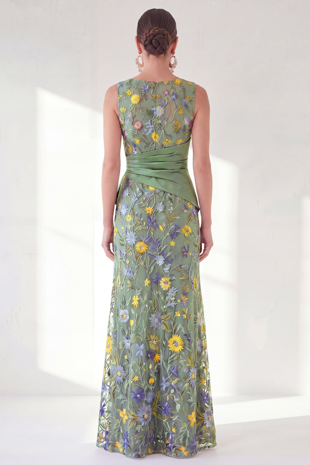 Green Ruched Mermaid Floral Long Mother of the Bride Dress with Slit