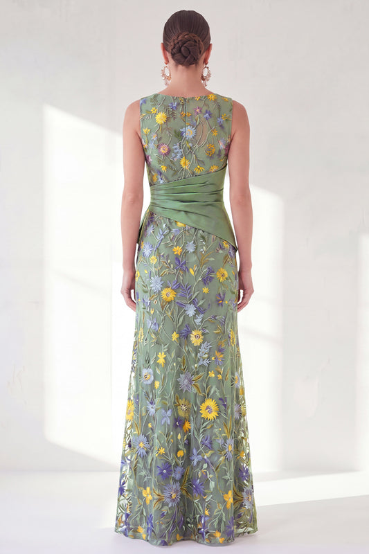 Green Ruched Mermaid Floral Long Mother of the Bride Dress with Slit