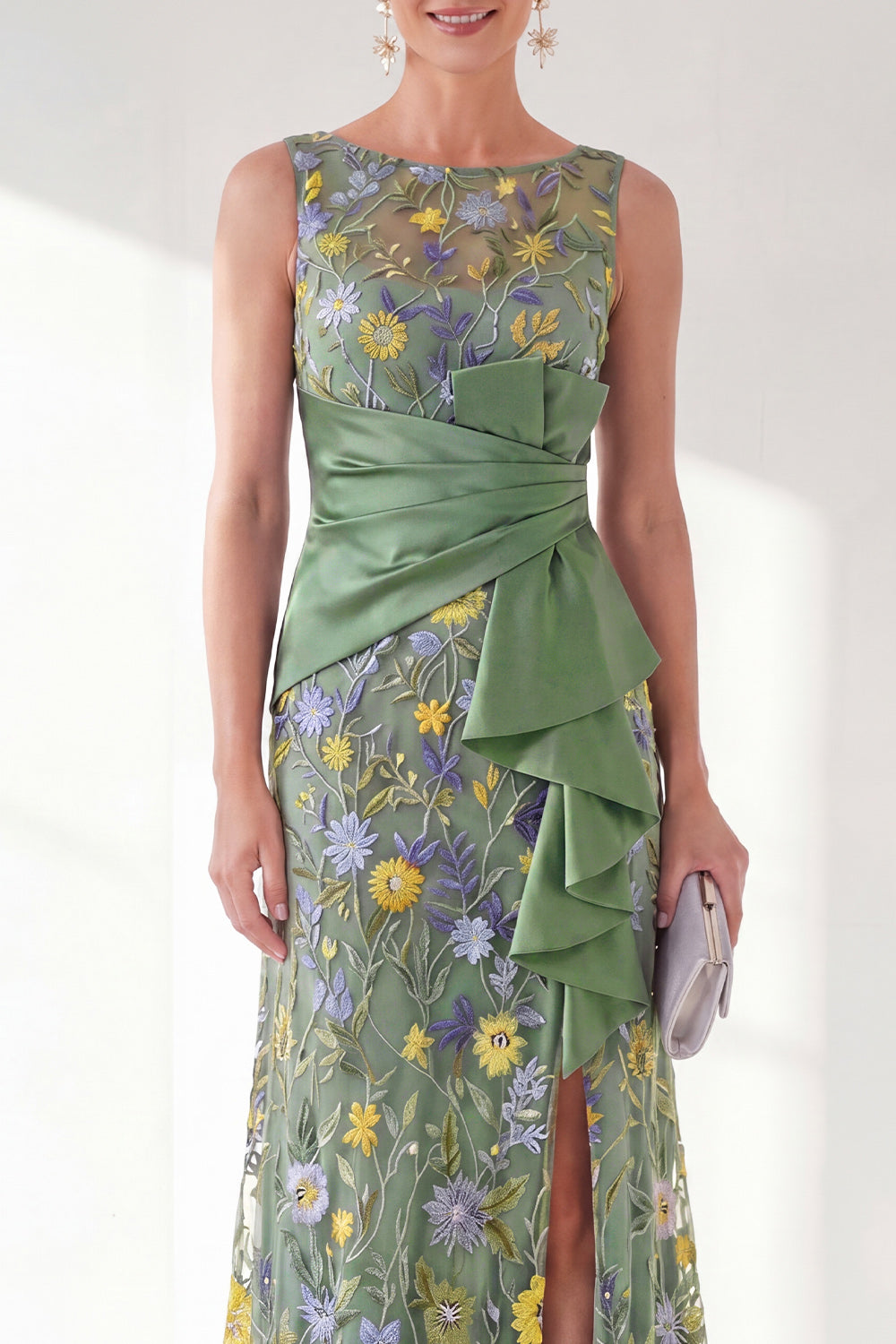 Green Ruched Mermaid Floral Long Mother of the Bride Dress with Slit