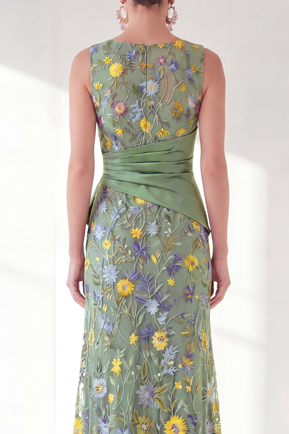 Green Ruched Mermaid Floral Long Mother of the Bride Dress with Slit