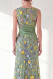 Green Ruched Mermaid Floral Long Mother of the Bride Dress with Slit