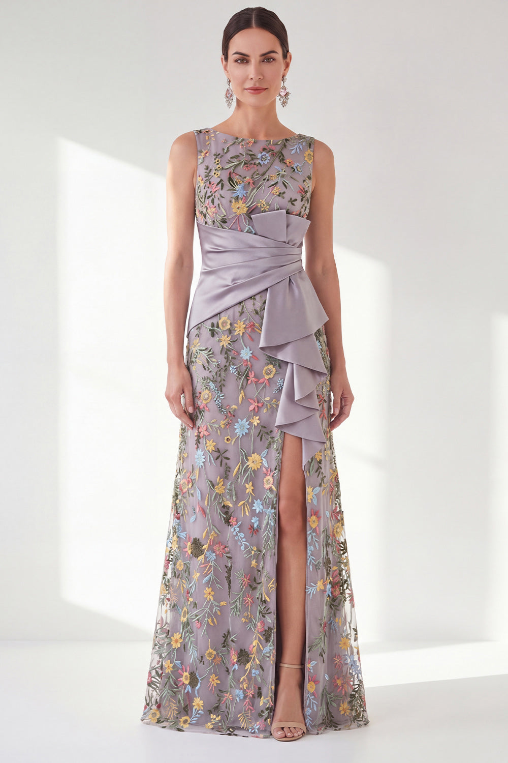 Green Ruched Mermaid Floral Long Mother of the Bride Dress with Slit