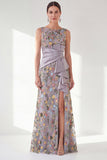 Green Ruched Mermaid Floral Long Mother of the Bride Dress with Slit