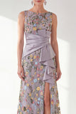 Green Ruched Mermaid Floral Long Mother of the Bride Dress with Slit