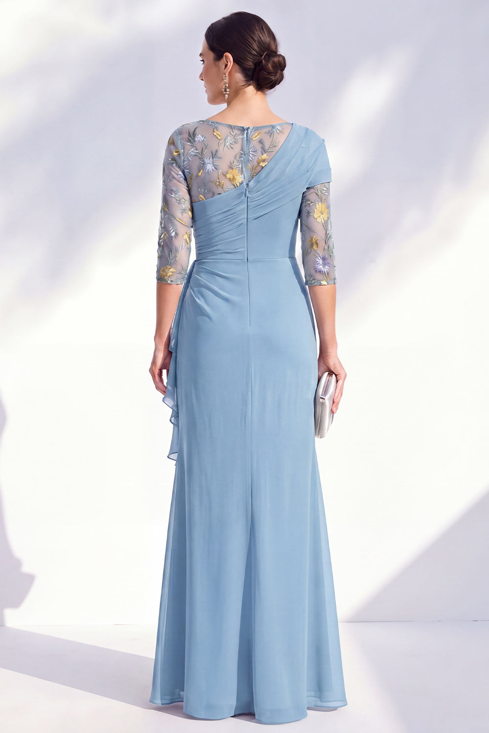 Green Ruched Mermaid Floral Long Mother of the Bride Dress with Ruffles