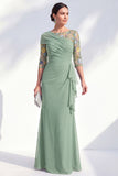 Green Ruched Mermaid Floral Long Mother of the Bride Dress with Ruffles