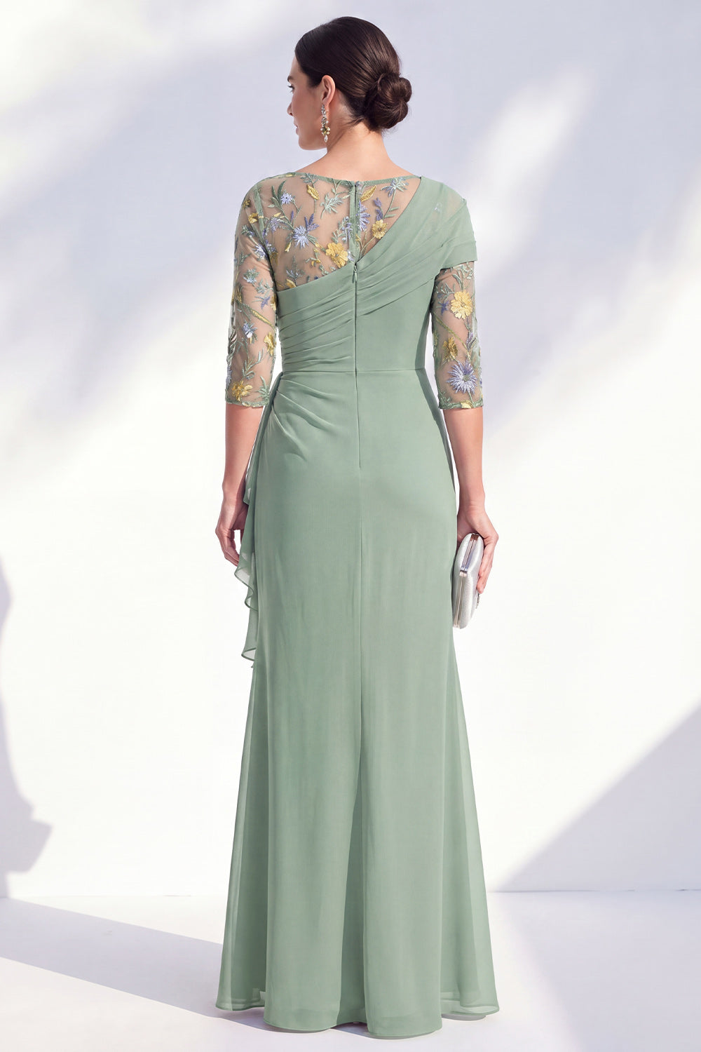 Green Ruched Mermaid Floral Long Mother of the Bride Dress with Ruffles