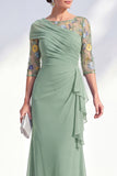 Green Ruched Mermaid Floral Long Mother of the Bride Dress with Ruffles