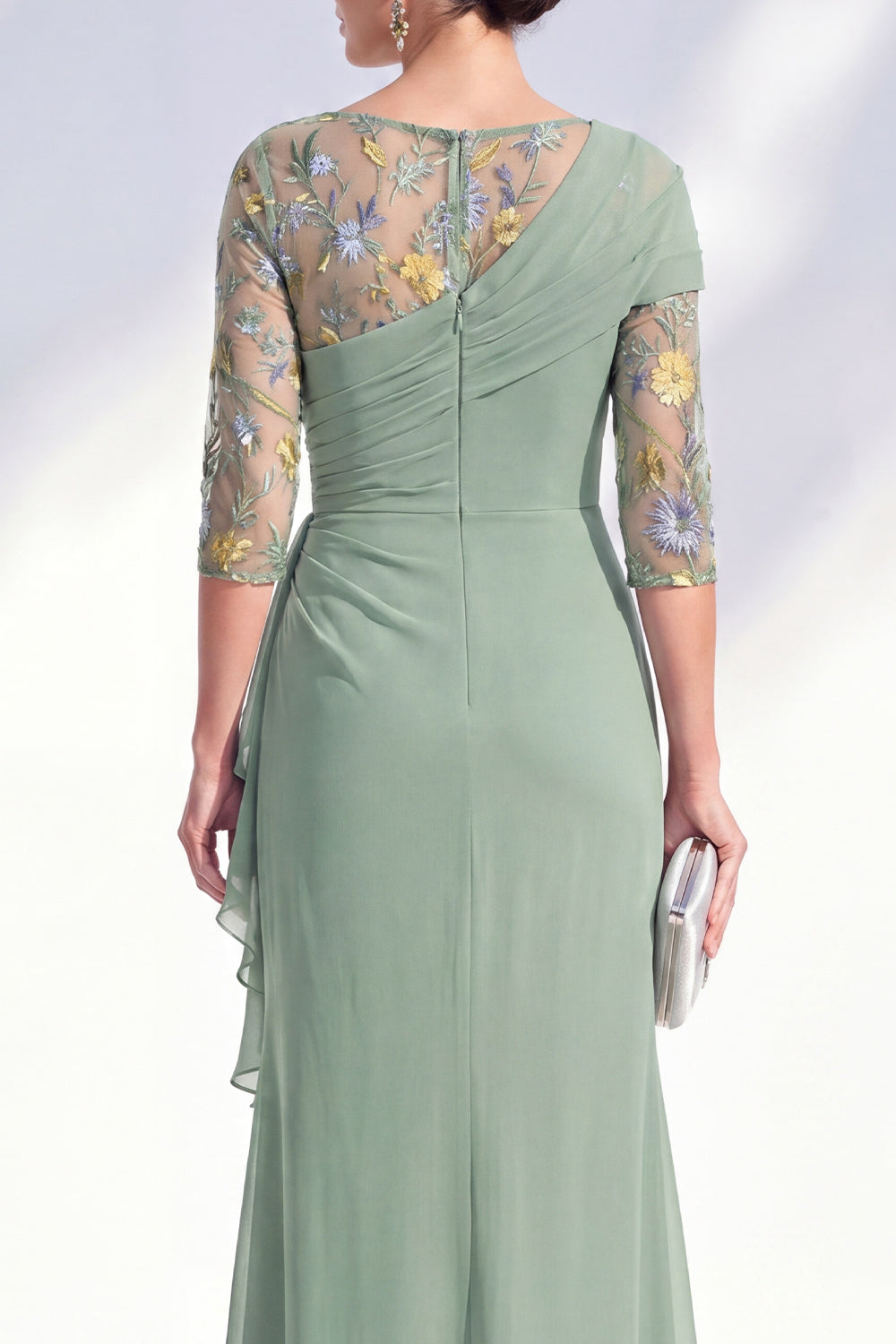 Green Ruched Mermaid Floral Long Mother of the Bride Dress with Ruffles