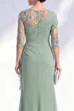 Green Ruched Mermaid Floral Long Mother of the Bride Dress with Ruffles