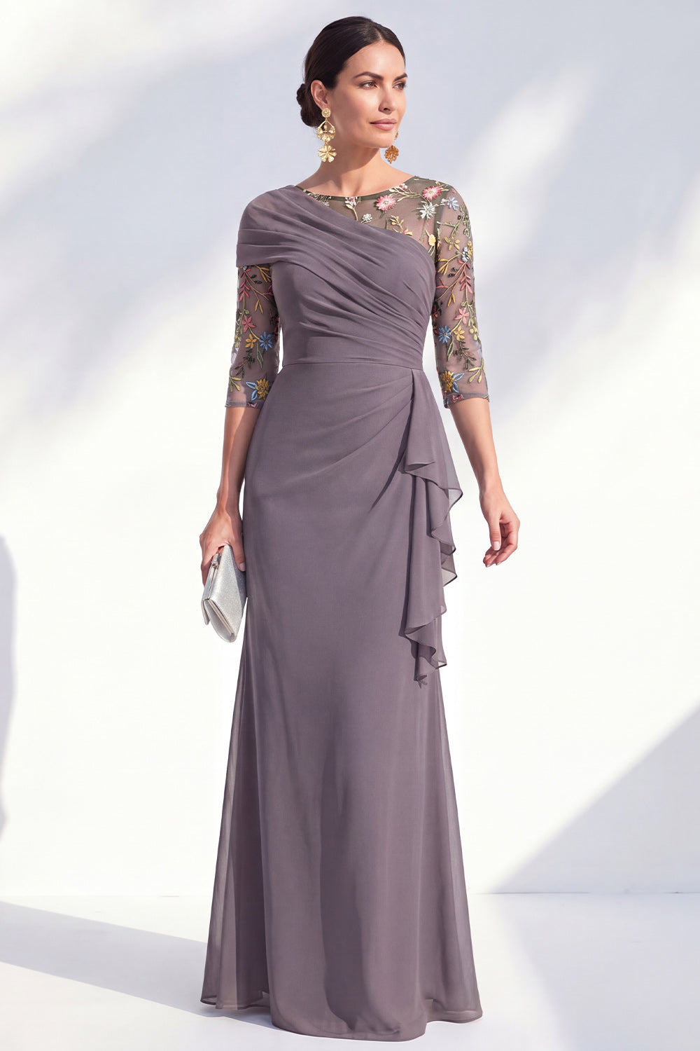 Green Ruched Mermaid Floral Long Mother of the Bride Dress with Ruffles