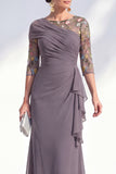 Green Ruched Mermaid Floral Long Mother of the Bride Dress with Ruffles