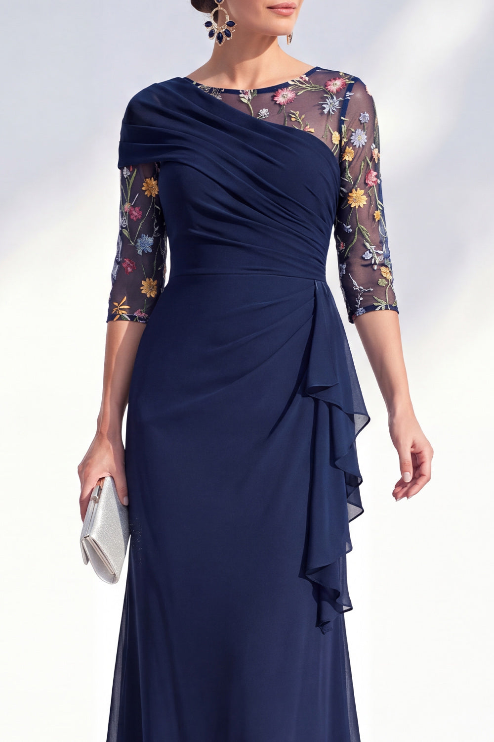 Green Ruched Mermaid Floral Long Mother of the Bride Dress with Ruffles