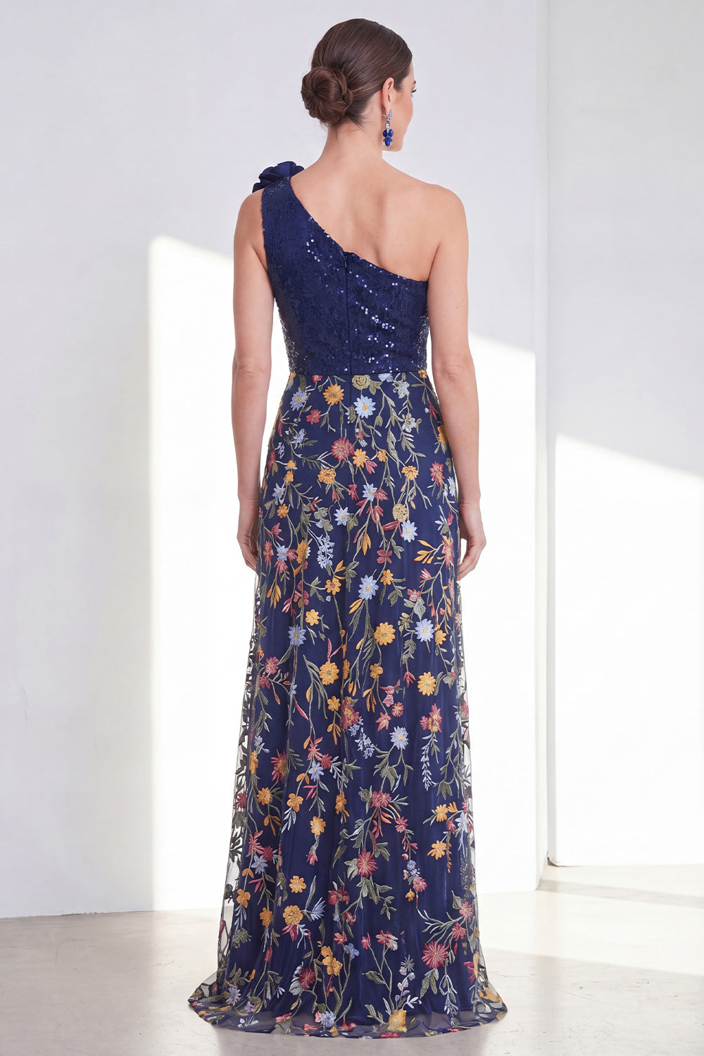 A Line Sparkly Navy Floral Long Mother of the Bride Dress with Slit
