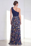 A Line Sparkly Navy Floral Long Mother of the Bride Dress with Slit