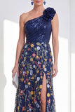 A Line Sparkly Navy Floral Long Mother of the Bride Dress with Slit