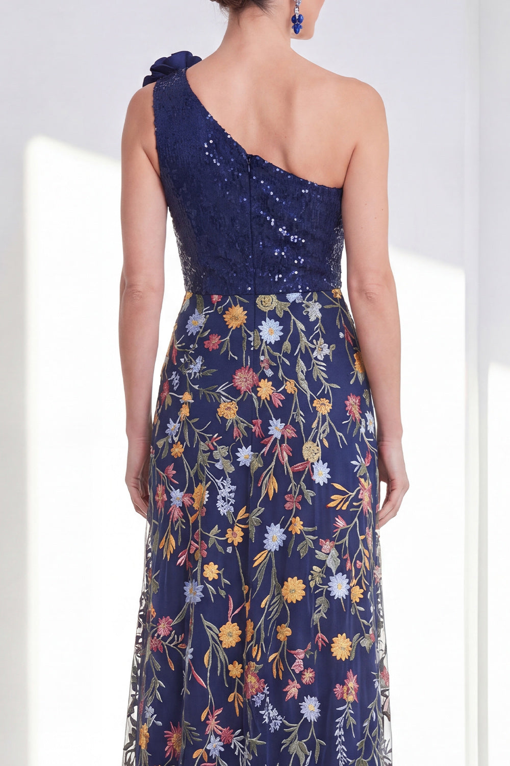 A Line Sparkly Navy Floral Long Mother of the Bride Dress with Slit