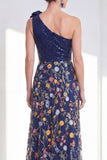 A Line Sparkly Navy Floral Long Mother of the Bride Dress with Slit