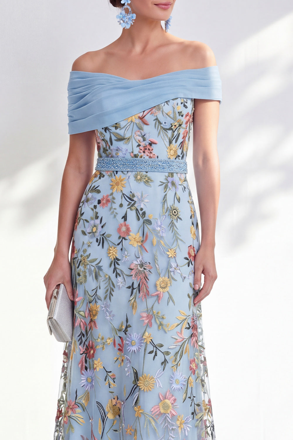 Green Beaded Floral Ruched Long Mother of the Bride Dress