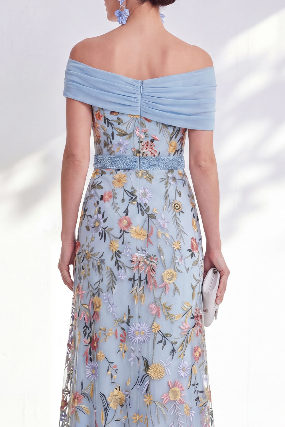 Green Beaded Floral Ruched Long Mother of the Bride Dress