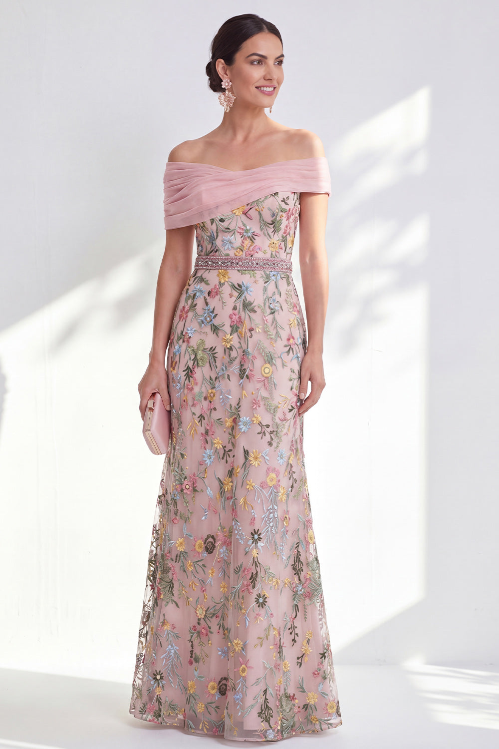 Green Beaded Floral Ruched Long Mother of the Bride Dress