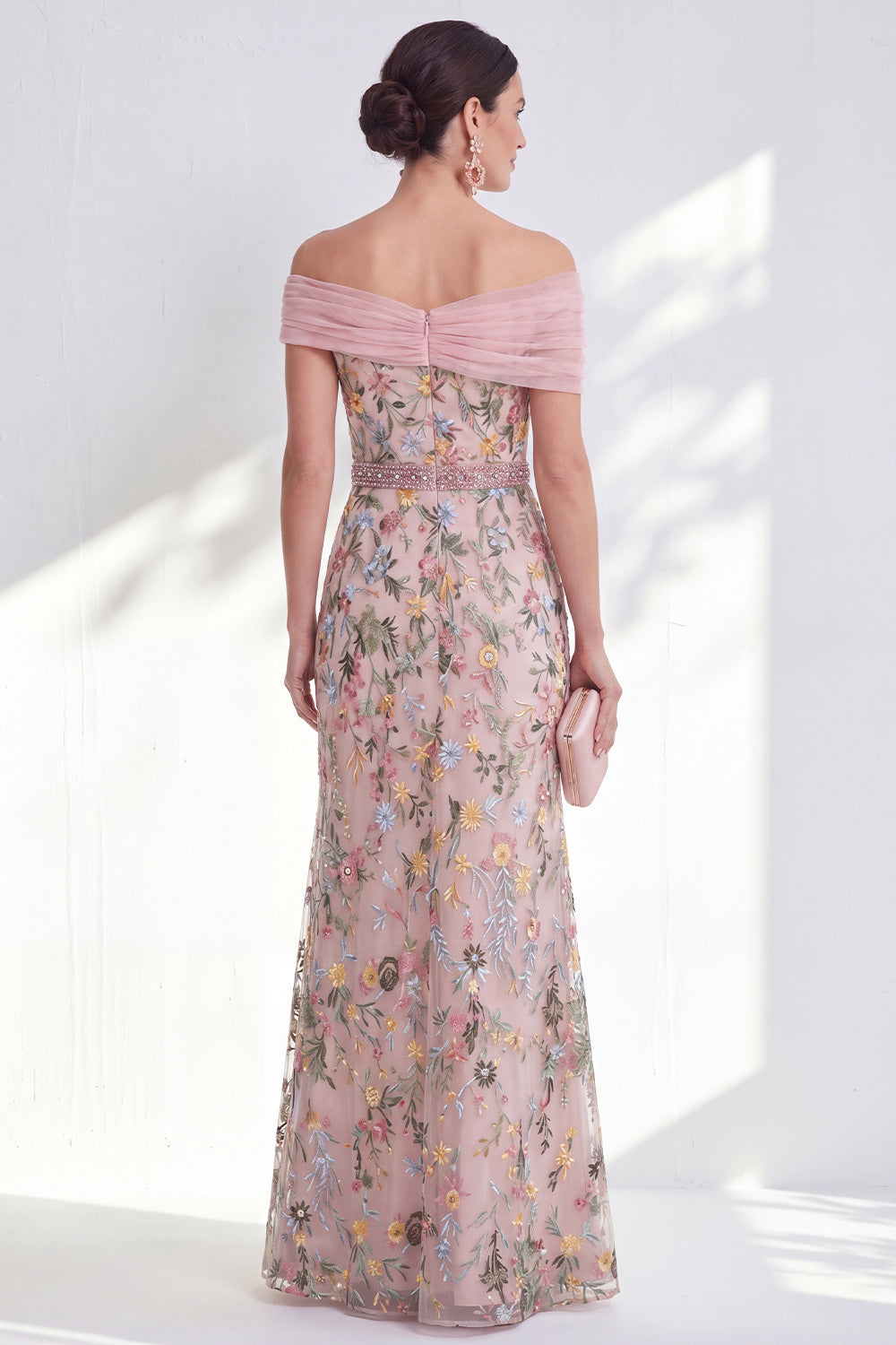 Green Beaded Floral Ruched Long Mother of the Bride Dress