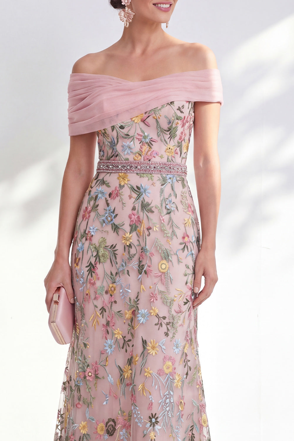 Green Beaded Floral Ruched Long Mother of the Bride Dress