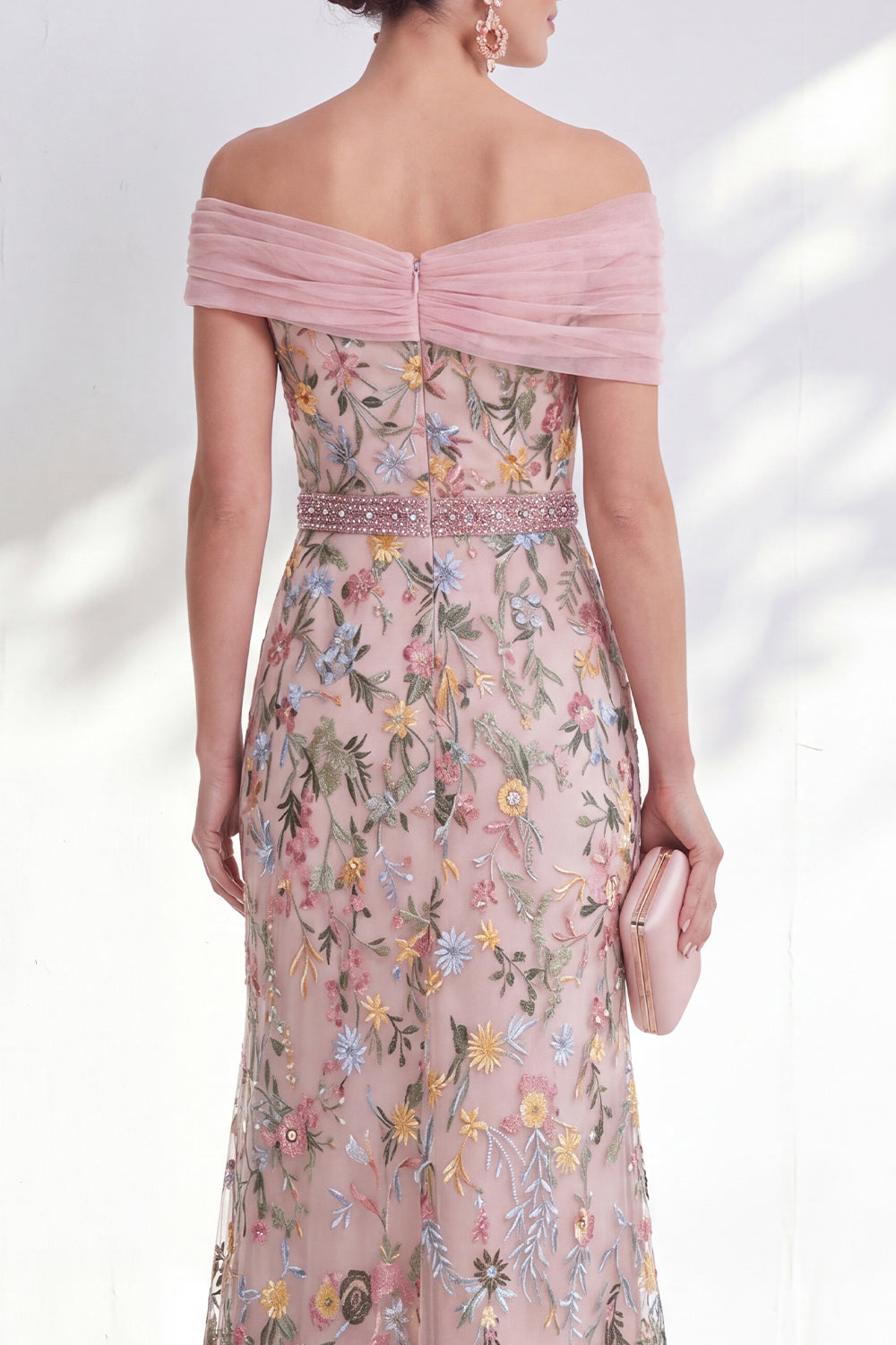 Green Beaded Floral Ruched Long Mother of the Bride Dress