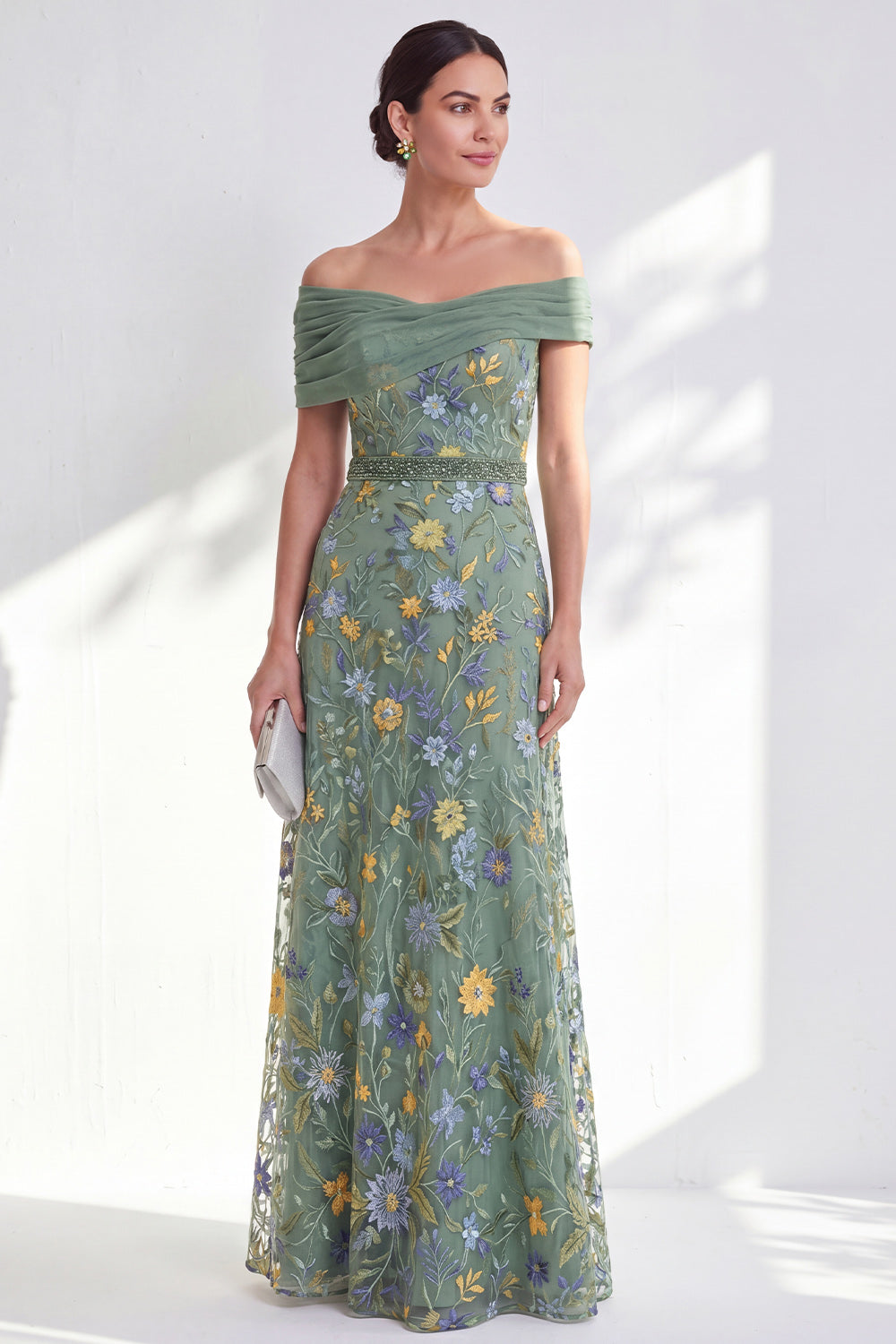 Green Beaded Floral Ruched Long Mother of the Bride Dress