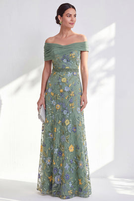 Green Beaded Floral Ruched Long Mother of the Bride Dress