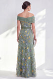 Green Beaded Floral Ruched Long Mother of the Bride Dress