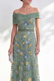 Green Beaded Floral Ruched Long Mother of the Bride Dress