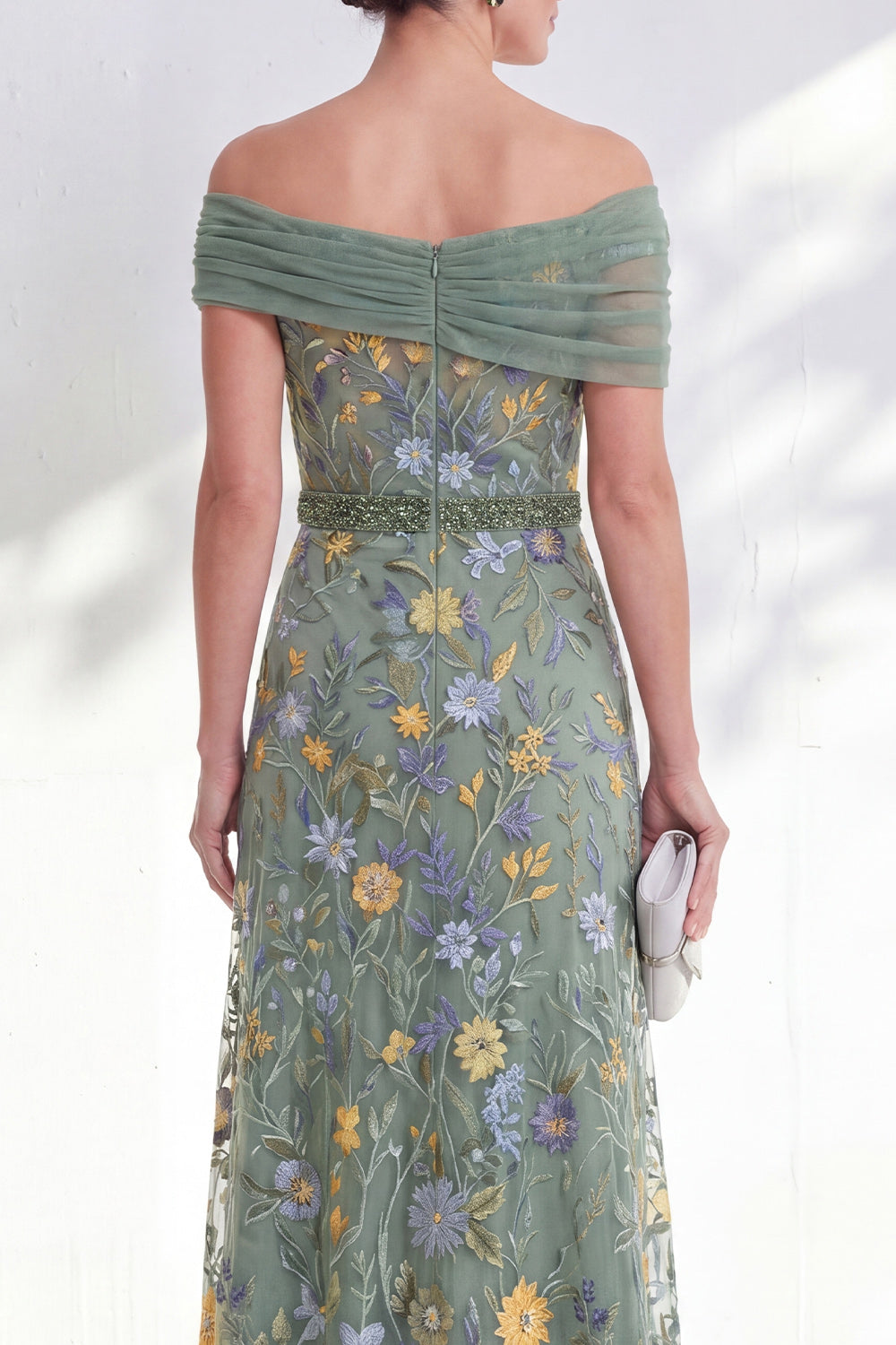 Green Beaded Floral Ruched Long Mother of the Bride Dress