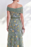 Green Beaded Floral Ruched Long Mother of the Bride Dress