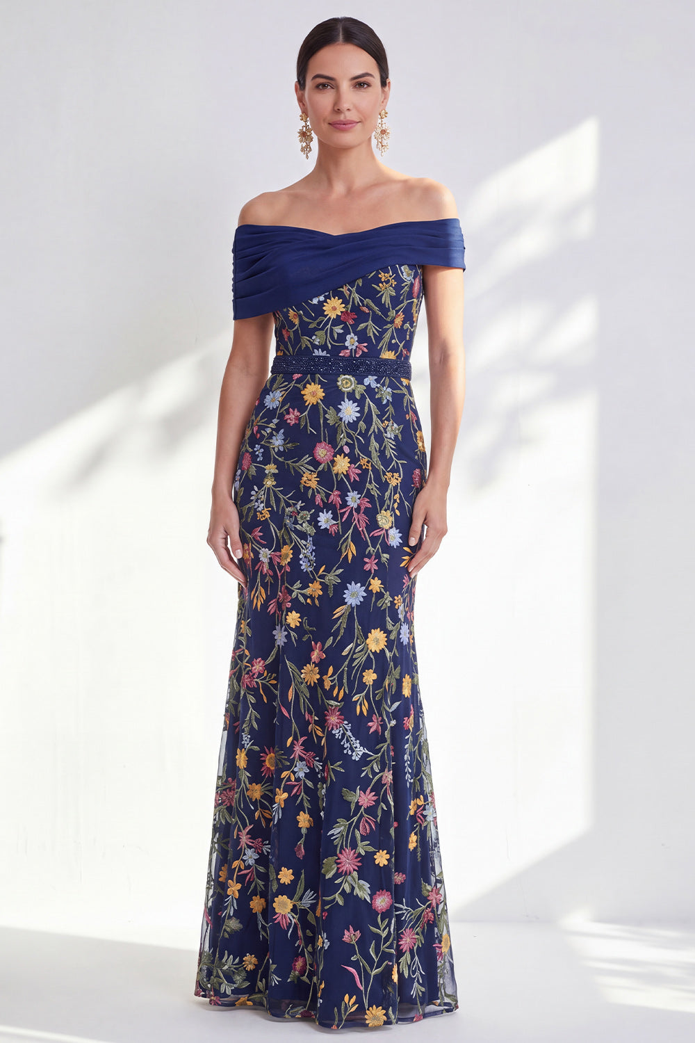 Green Beaded Floral Ruched Long Mother of the Bride Dress