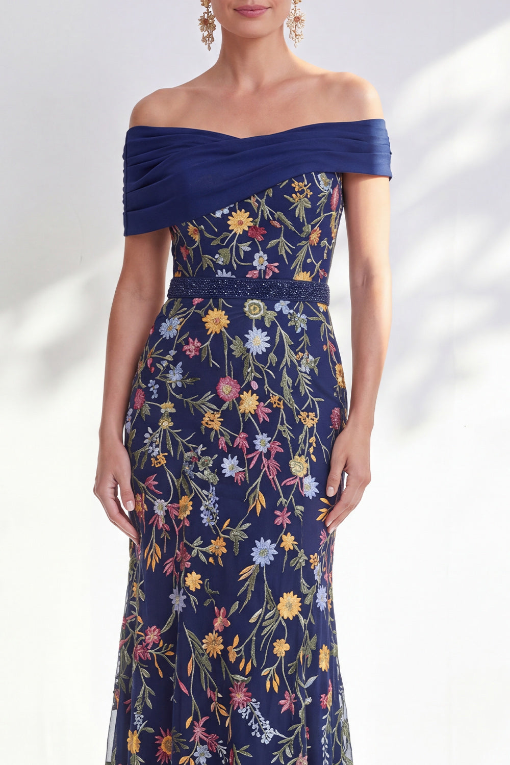 Green Beaded Floral Ruched Long Mother of the Bride Dress