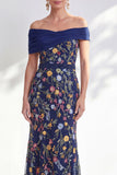 Green Beaded Floral Ruched Long Mother of the Bride Dress