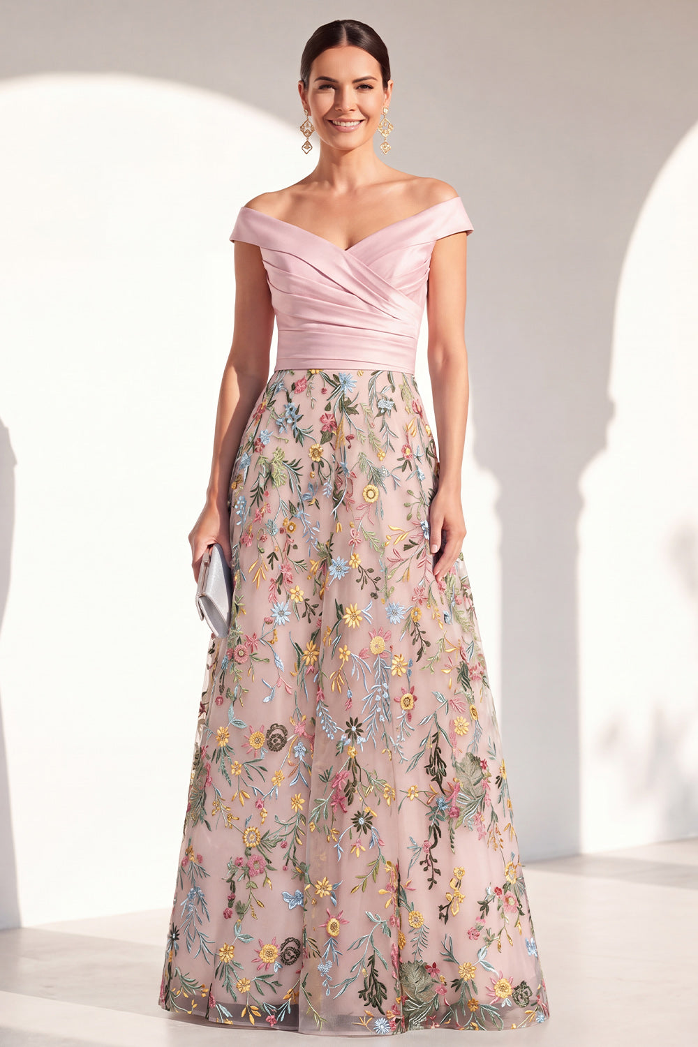 Off the Shoulder Green Floral Ruched Long Mother of the Bride Dress